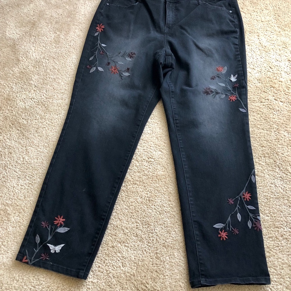 Black Jeans with grey leaves and rust Fall flowers